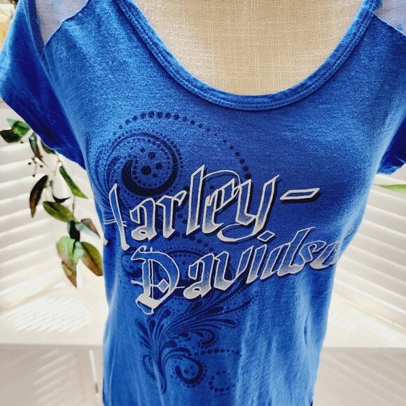 HARLEY DAVIDSON LACE BACK BLUE TEE SIZE LARGE - Picture 2 of 7